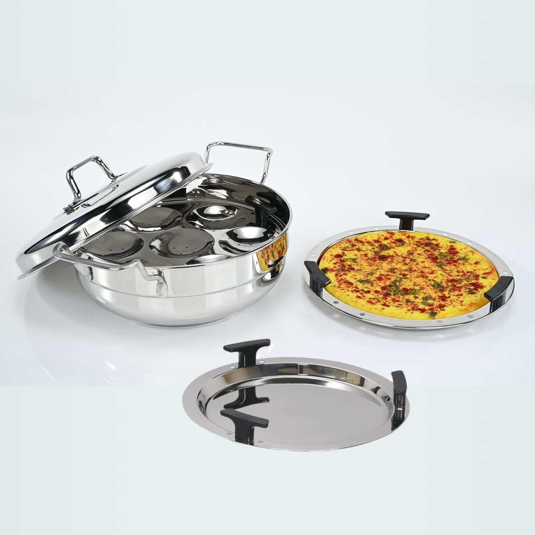 Vinod Stainless Steel Multipurpose Kadai with 6 Plates - Includes 2 Idli Plates, 1 Mini Idli Plate, 2 Patra Plates, and 1 Khaman/Dhokla Plate, Induction Bottom & Gas Stove Compatible