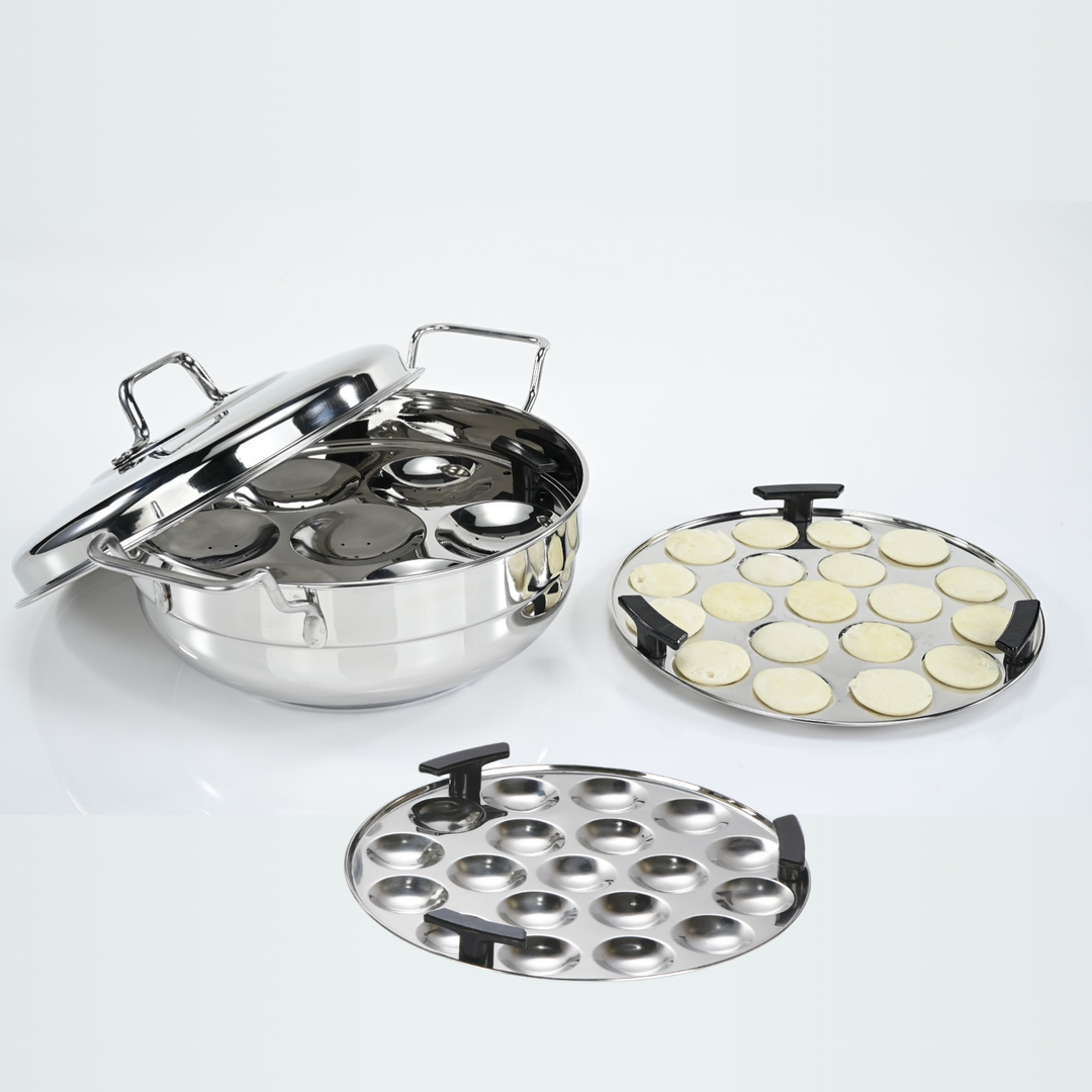 Vinod Stainless Steel Multipurpose Kadai with 6 Plates - Includes 2 Idli Plates, 1 Mini Idli Plate, 2 Patra Plates, and 1 Khaman/Dhokla Plate, Induction Bottom & Gas Stove Compatible