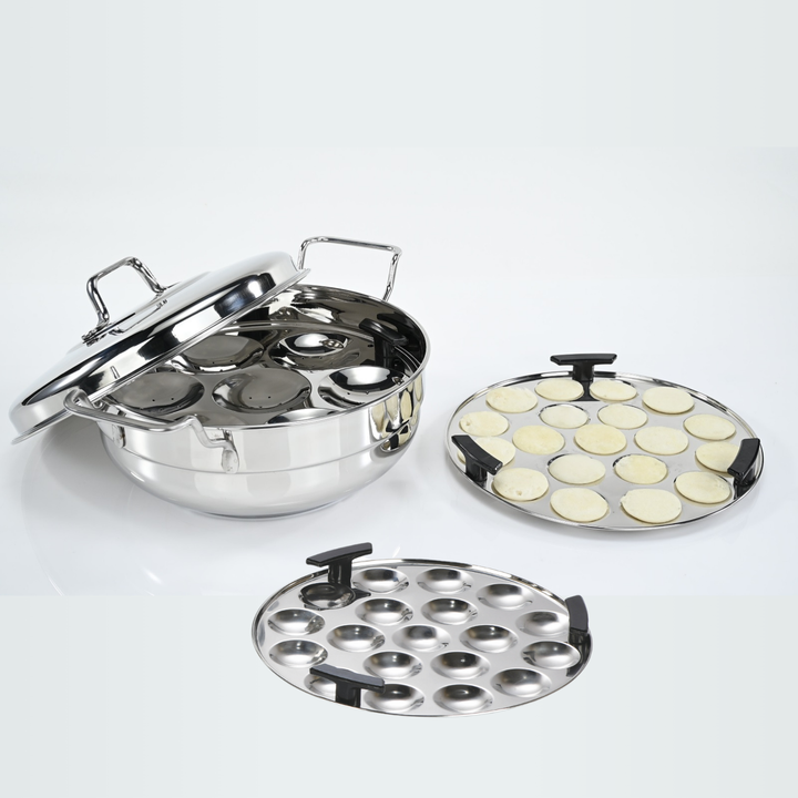 Vinod Stainless Steel Multipurpose Kadai with 6 Plates - Includes 2 Idli Plates, 1 Mini Idli Plate, 2 Patra Plates, and 1 Khaman/Dhokla Plate, Induction Bottom & Gas Stove Compatible