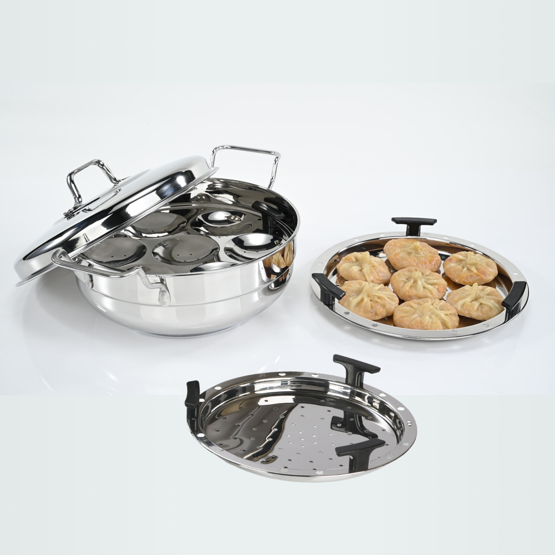 Vinod Stainless Steel Multipurpose Kadai with 6 Plates - Includes 2 Idli Plates, 1 Mini Idli Plate, 2 Patra Plates, and 1 Khaman/Dhokla Plate, Induction Bottom & Gas Stove Compatible