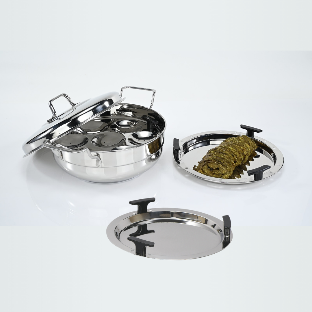 Vinod Stainless Steel Multipurpose Kadai with 6 Plates - Includes 2 Idli Plates, 1 Mini Idli Plate, 2 Patra Plates, and 1 Khaman/Dhokla Plate, Induction Bottom & Gas Stove Compatible