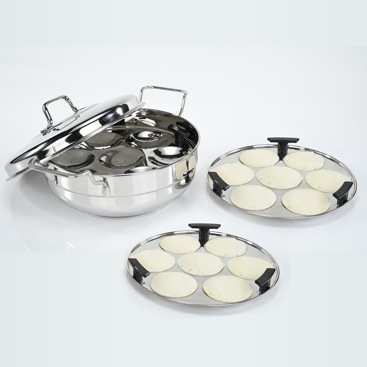 Vinod Stainless Steel Multipurpose Kadai with 6 Plates - Includes 2 Idli Plates, 1 Mini Idli Plate, 2 Patra Plates, and 1 Khaman/Dhokla Plate, Induction Bottom & Gas Stove Compatible