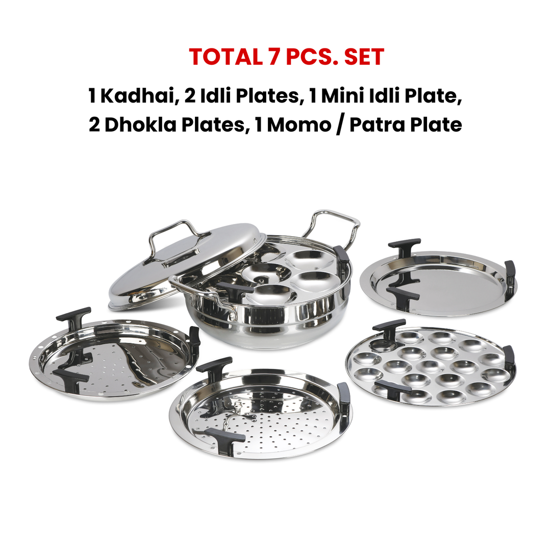 Vinod Stainless Steel Multipurpose Kadai with 6 Plates - Includes 2 Idli Plates, 1 Mini Idli Plate, 2 Patra Plates, and 1 Khaman/Dhokla Plate, Induction Bottom & Gas Stove Compatible