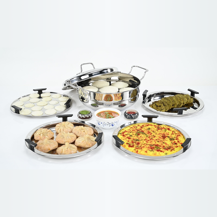 Vinod Stainless Steel Multipurpose Kadai with 6 Plates - Includes 2 Idli Plates, 1 Mini Idli Plate, 2 Patra Plates, and 1 Khaman/Dhokla Plate, Induction Bottom & Gas Stove Compatible