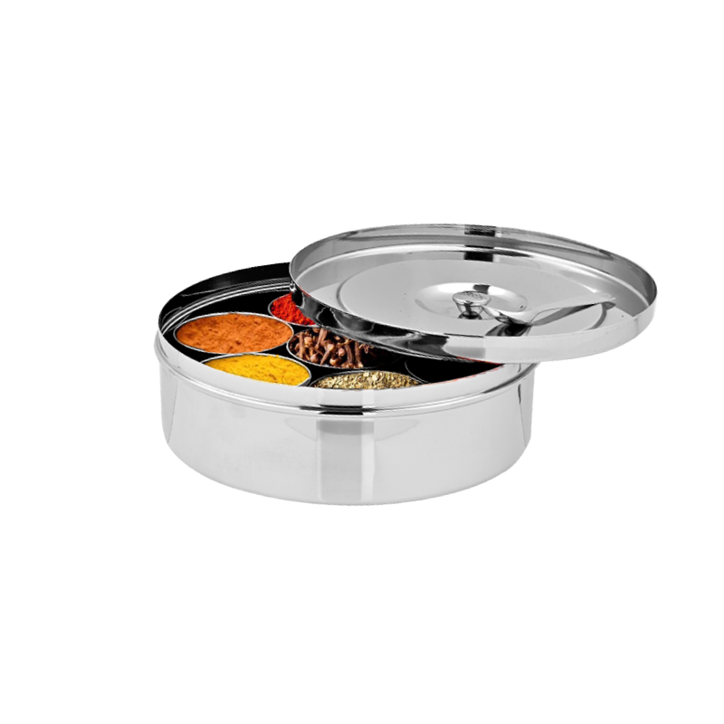 Vinod Stainless Steel Spice Box, 7 Containers with Spoon &  Steel Lid - 6.5 Inches, No.10