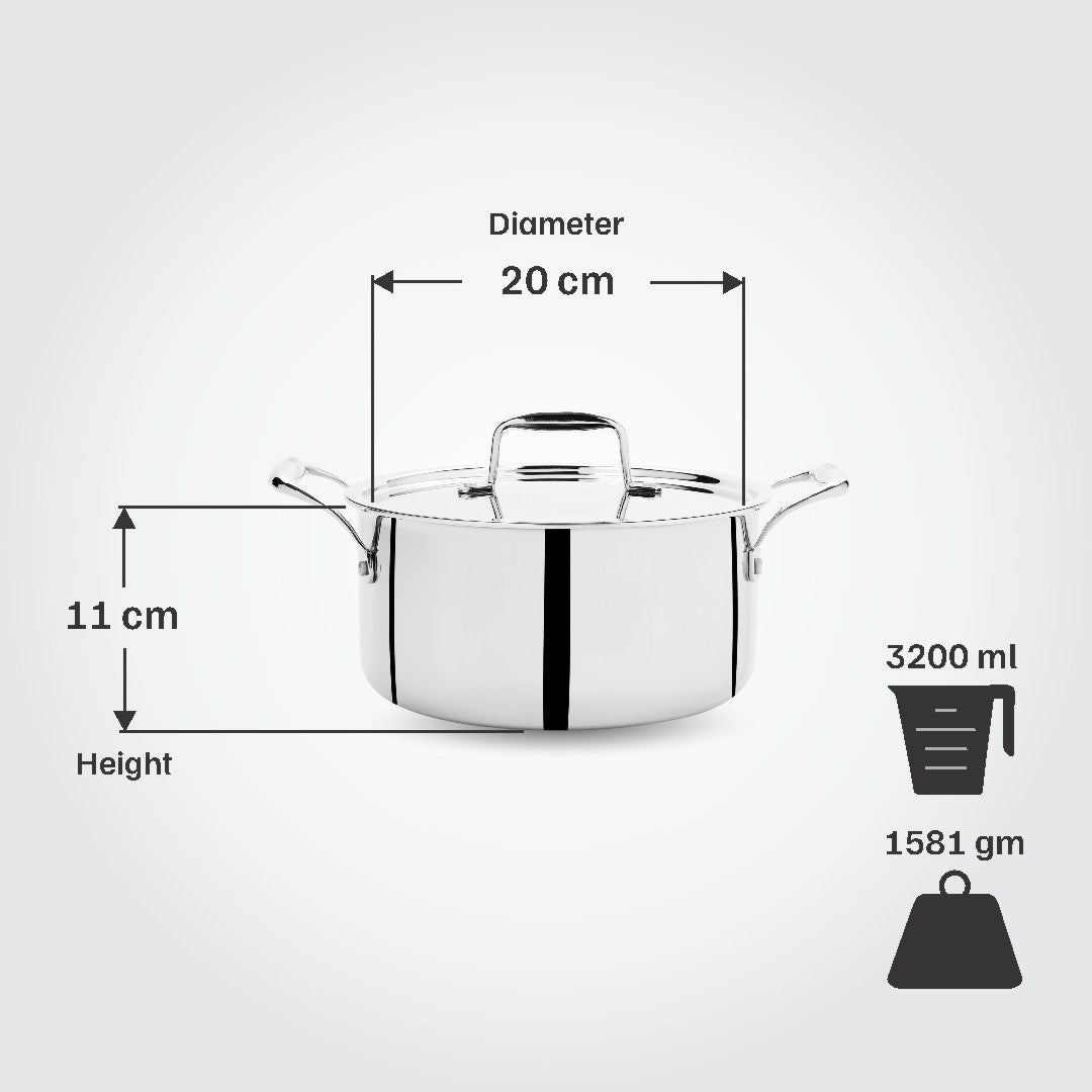 Vinod Titanium Triply Stainless Steel Sauce Pot with Steel Lid, 20 cm, 3.20 Liter (3.4 Qt) Capacity, Induction, Electric & Gas Stove Compatible