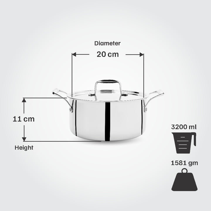 Vinod Titanium Triply Stainless Steel Sauce Pot with Steel Lid, 20 cm, 3.20 Liter (3.4 Qt) Capacity, Induction, Electric & Gas Stove Compatible