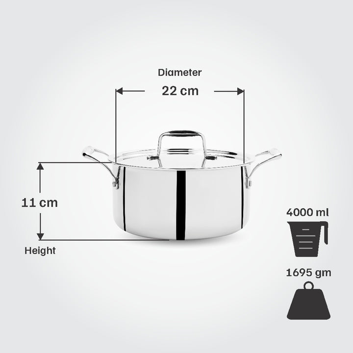 Vinod Titanium Triply Stainless Steel Sauce Pot with Steel Lid, 22 cm, 4 Liter (4.2 Qt) Capacity, Induction, Electric & Gas Stove Compatible