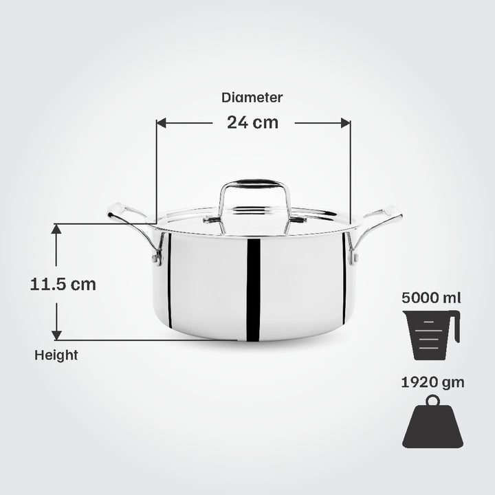 Vinod Titanium Triply Stainless Steel Sauce Pot with Steel Lid, 24 cm, 5 Liter (5.2 Qt) Capacity, Induction, Electric & Gas Stove Compatible