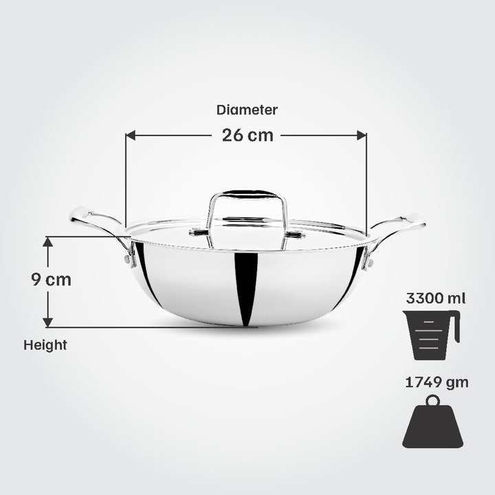 Vinod Titanium Triply Stainless Steel Indian Kadai with Lid, 26 cm, 3.30 Liter (3.5 Qt) Capacity, Induction, Electric & Gas Stove Compatible