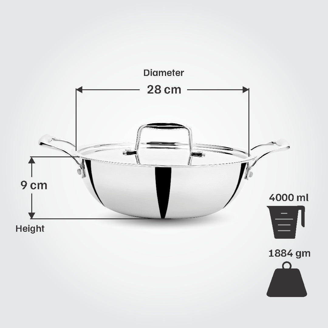 Vinod Titanium Triply Stainless Steel Indian Kadai with Lid, 28 cm, 4 Liter (4.2 Qt) Capacity, Induction, Electric & Gas Stove Compatible