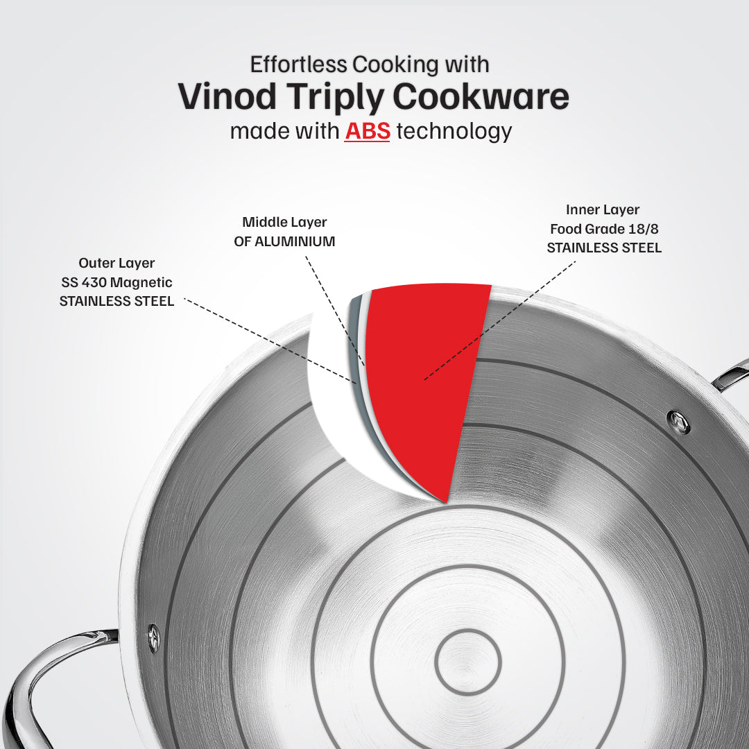 Vinod Titanium Triply Stainless Steel Indian Kadai with Lid, 32 cm, 5.80 Liter (6.1 Qt) Capacity, Induction, Electric & Gas Stove Compatible