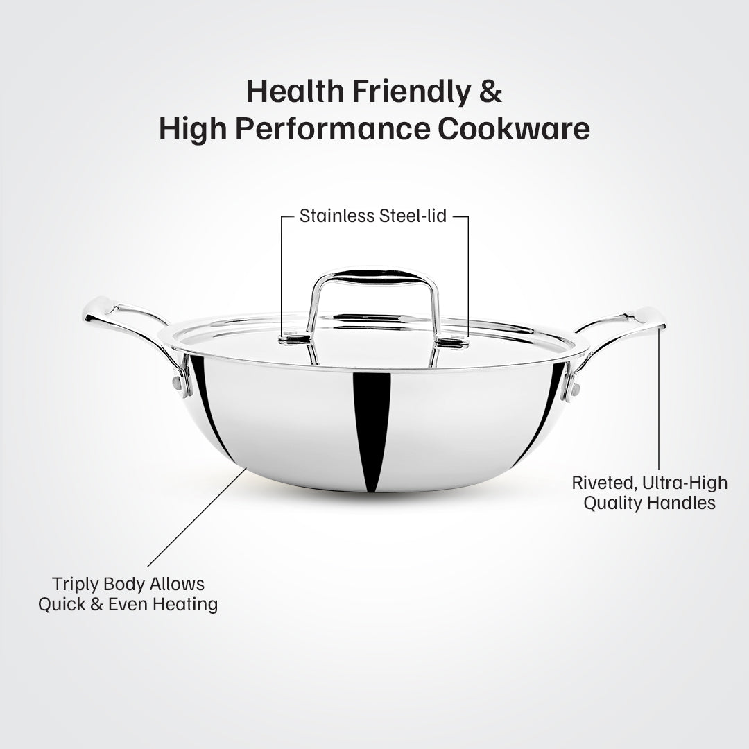 Vinod Titanium Triply Stainless Steel Indian Kadai with Lid, 26 cm, 3.30 Liter (3.5 Qt) Capacity, Induction, Electric & Gas Stove Compatible