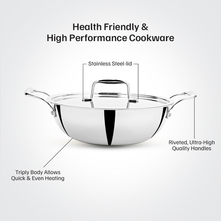 Vinod Titanium Triply Stainless Steel Indian Kadai with Lid, 28 cm, 4 Liter (4.2 Qt) Capacity, Induction, Electric & Gas Stove Compatible