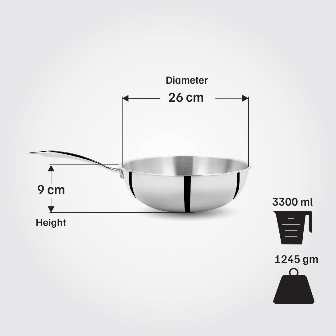 Vinod Titanium Triply Stainless Steel Wok, Chinese Wok Pan_26 cm
